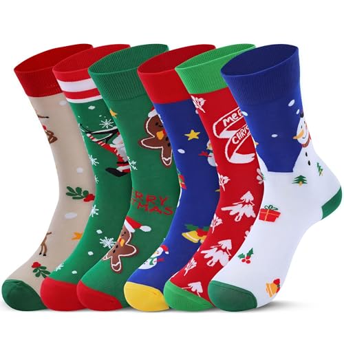 KONVINIT Chaussettes Noël Homme Femme - 6 Paires Christmas Socks Taille 37-44, Motifs Père Noël, Sapin, Flocons -Designs Festifs Cadeau