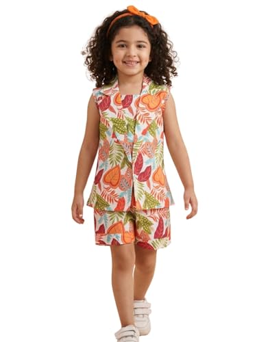 Image of AJ DEZINES Kids Clothing Floral Printed Pure Cotton Top Shorts With Jacket Cord Set for Girls