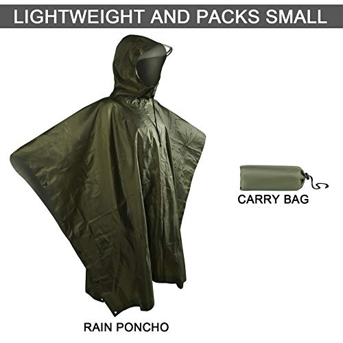 Fousam Camo Poncho, Waterproof Ripstop Hooded Raincoat Lightweight Packable Rain Cover for Hunting Camping Backpacking Emergency Tent Shelter Army Green