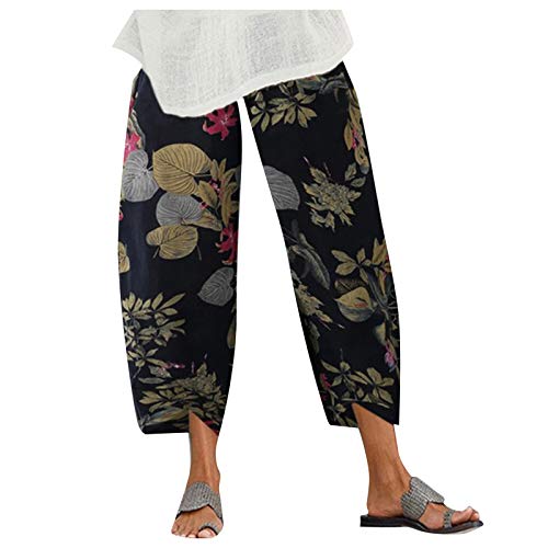 Capri Pants for Women,Womens Summer Casual Pocket Wide Leg Linen Pant Loose Harem Comfy Pants Print Cropped Trouser