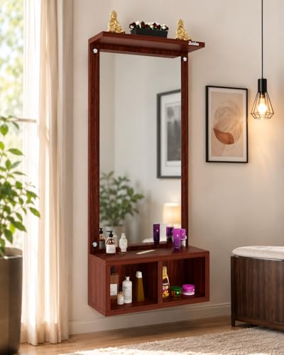 Image of Wall Mounted Dressing Table with Mirror Finish Storage Shelf Compact Wall Vanity Makeup Organizer for Bedroom Bathroom Entryway Space Saving Home Furniture Decor (Light Brown)