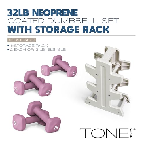 Image of Tone Fitness Neoprene Dumbbell Set with Storage Rack - Non-Slip, Anti-Roll Hand Weights for Home Gym Workouts | 20 lb, 32 lb, 50 lb, 60 lb & 100 lb Options