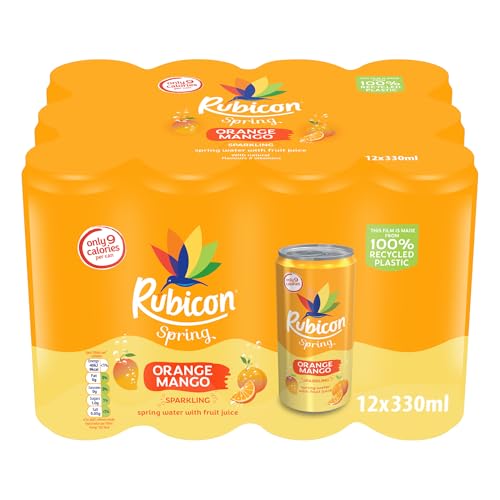Rubicon Spring 12 Pack Orange Mango Sparkling Spring Water with Real Fruit Juice & Natural Flavours Only 9 Calories - 12 x 330ml Multipack Cans