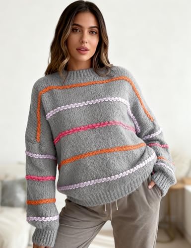 Image of QIBABU Womens Striped Sweaters Casual Lantern Sleeve Color Block Knit Pullover Sweater Tops