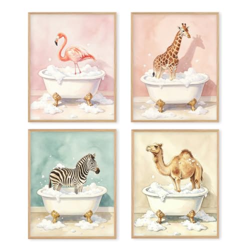 Image of Boat Wades Funny Animal Bathroom Wall Art Prints Set of 4, Flamingo Giraffe Zebra Camel Bathtub Posters Wall Decor for Kids Bathroom Washroom Restroom 8x10 Unframed