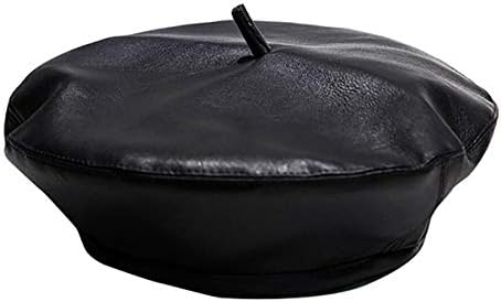 MINGSEECESS Women PU Leather French Black Beret Hat Causal Beanie Hat