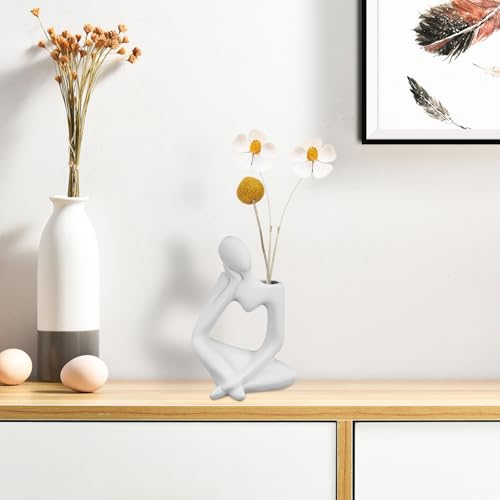 Vase en céramique blanc Healvian en forme de penseur pour fleurs séchées