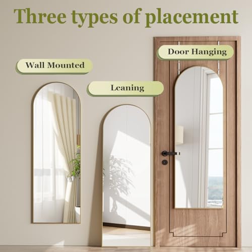 Image of BEAUTYPEAK Arched Full Length Over The Door Mirror 14 inch x 48 inch, Shatterproof Tempered Glass and Aluminum Alloy Frame, No-Drilling Hanging or Wall Mount, Full Body Mirror for Bedroom, Dorm, Gold