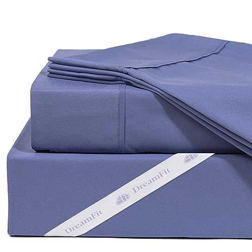 DreamFit DreamChill Cooling Bamboo Viscose Sheets For Hot Sleepers With Elastic Corner Straps 20 inch Extra Deep Pocket Breathable Silky Soft 100% Crafted in USA King Sheet Set Blue