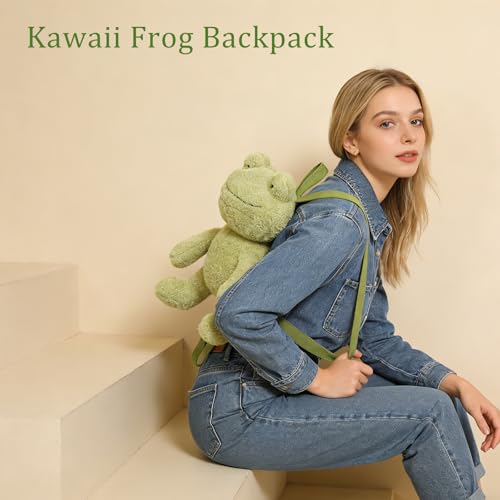 Image of Bycobecy Cute Frog Stuffed Animals Backpack for Women, Kawaii Frog Plush Backpack Fluffy Bag Novelty Purse with adjustable Strap (Green)