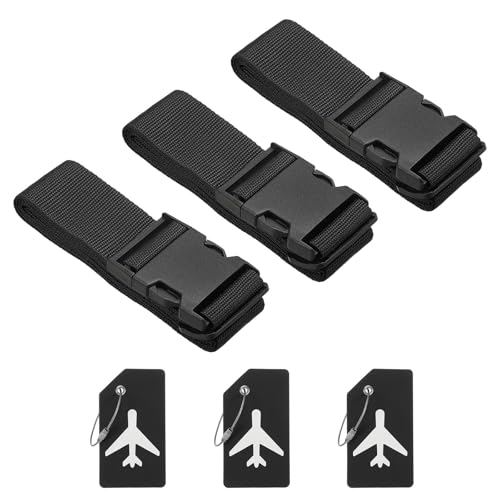 Image of PATIKIL Luggage Strap with Luggage Tag and Loop 78 inchx2 inch, 3 Set Adjustable Suitcase Belt for Travel Packing Bag Closure Identify, Black