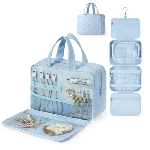 WOOMADA Travel Toiletry Bag with Jewelry Organizer, Puffy Hanging Toiletry Bag for Women, Large Makeup Cosmetic Bag for Travel Essentials, Light Blue