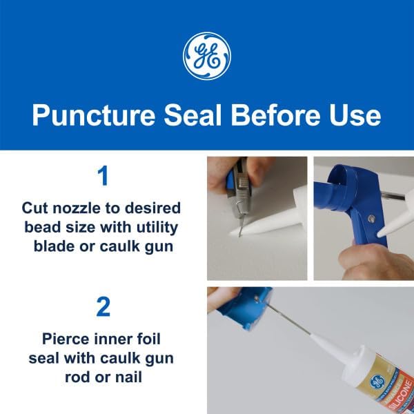 Instructions for puncturing seal before use, showing cutting nozzle and piercing inner foil seal
