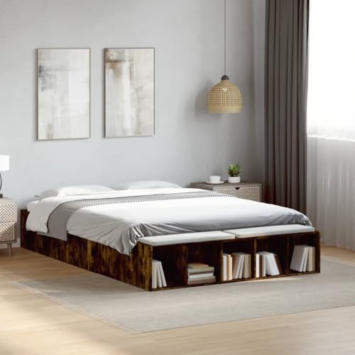 vidaXL Double Bed Frame in Smoked Oak - Engineered Wood 135x190 cm with Plywood Slats and Storage Compartments - Bedroom Furniture