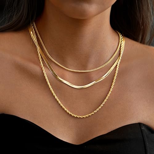 Gold Necklaces Stack for Women Non Tarnish, Dainty 14k Gold Plated Layered Gold Herringbone Necklace Trendy, Layering Rope Cuban Chain Gold Choker Necklaces Set Fashion Jewelry Set Gift2