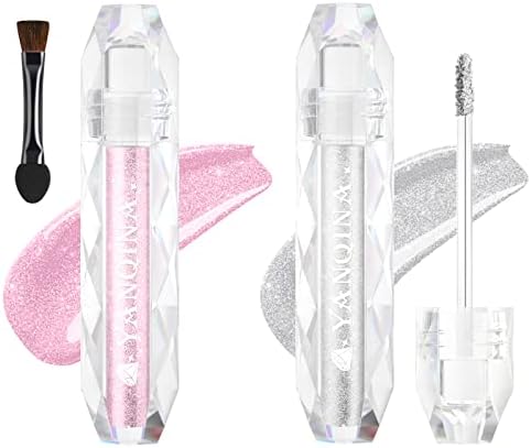2 Pack Diamond Liquid Glitter Eyeshadow,Long Lasting Shimmer and Glow Eye Shadow,Mermaid Eye Shadow,Starry Sequins Eyeliner Pen,Highlighter Glitter Makeup(Silver,Pink,Bronze Gold) (01#Silver+02#Pink)