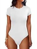 ANRABESS Womens Double Lined Bodysuits Short Sleeve Summer Going Out Fitted Basic Tee Shirts Body Suits Top White Large