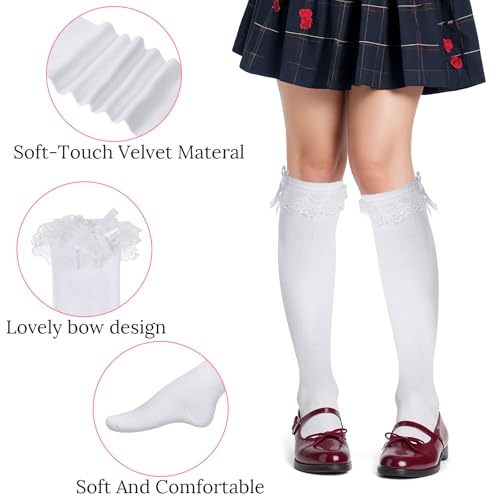Teaaha White Knee High Socks with Bow, Women's Soft Solid Lace Thigh High Stocks Cotton Socks Lovely and Cute Lace Ruffle Bow Girls Princess Socks over the Knee Tube Socks High Stockings4