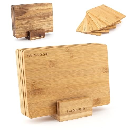 Hanseküche Schneidebrett Set – Hochwertige Schneidebretter – Holzbrett Küche groß mit Saftrille, Küchenbrett, massives Schneidbrett (Bambus, 5er Set)