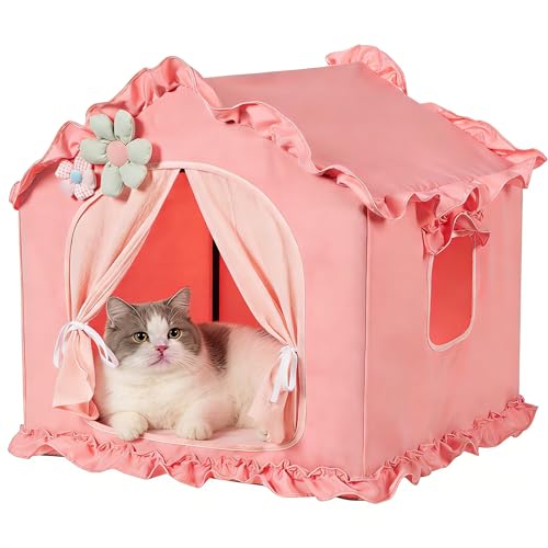 SEIMMIE Pink Indoor Dog House with Frame and Princess Style Cat Houses for Indoor Cats, Washable Cat House & Cat Tent, M Size (17×17×17 Inches) for 8-20 lbs. Pets.