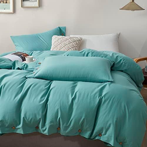 Melingo Queen Size Cornflower Blue 100% Washed Cotton Duvet Cover Set, 3 Pieces Luxury Soft Bedding Set with Buttons Closure. Solid Color Pattern Queen Duvet Cover(No Comforter)