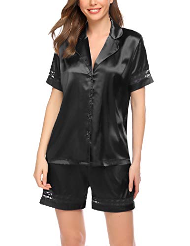 Ekouaer Women Satin Pajamas Set Two-Piece Pj Sets Sleepwear Loungewear Button-Down Pj Sets,Small