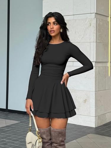 Kaximil Women's Crew Neck Long Sleeve Corset Mini Dress Ruffle Hem Short Party Club Dresses3