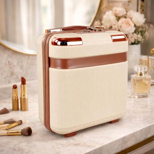 Image of Cosmetic Bag Case Travel Hand Luggage Small Portable Carrying Suitcase Makeup Case for Women Organizer Box Vanity Mini Suitcase (Off White)