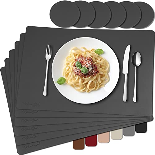 MAHEWA® 6er Set Premium Tischset Platzset aus Leder-Imitat rutschfest Ab-waschbar und Waschmaschinenfest Eckige Platzdeckchen Teller-Untersetzer Filzset Tisch-Matten Platz-Matten Anthrazit Cover