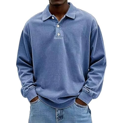 Vintage Long-Sleeved Polo, Men's Retro Fashion Distressed Washed Cotton Lapel Long Sleeve Polo Shirts2