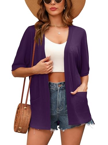 Image of Women's Lightweight Open Front Cardigans Short Sleeve Casual Soft Sheer Cardigan S-2XL with Pockets
