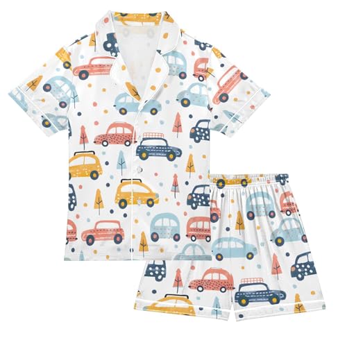 ALAZA Cartoon Car Polka Dot Tree Pajamas Satin Pajama Set Short Sleeve Button Down Sleepwear