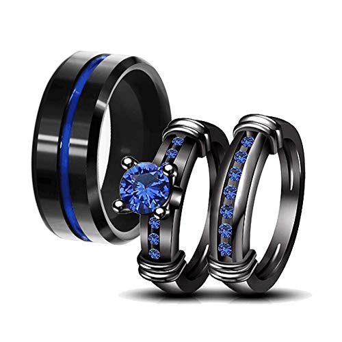 loversring Couple Ring Bridal Set His Hers Women Black Gold Plated Blue Agate Men Stainless Steel Wedding Ring