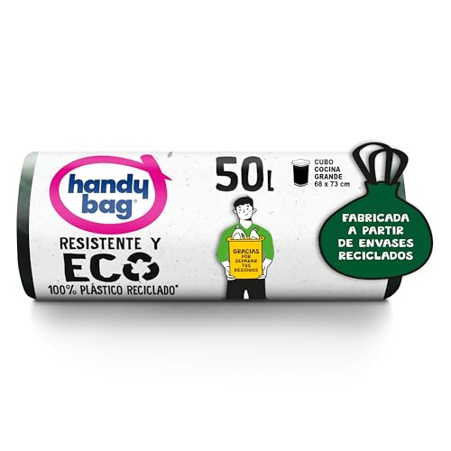 Handy Bag Bolsas de Basura Resistente y Eco, 100% Reciclado, Antigoteo, Autocierre, 50L, 8 Bolsas, 1 paquete