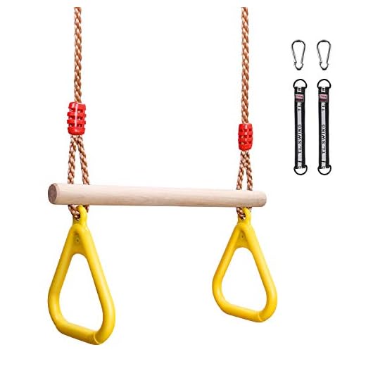 YOHOOLYO Children Trapeze Swing Bar with Rings Wooden Playset with Plastic Rings Gym Rings for Kids (Yellow)
