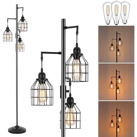 9MMML Floor Lamp for Living Room, Farmhouse Industrial Dimmable Floor lamp,3 Lights Metal Cage Tree Standing Lamp,68", 3Pcs Led Bulbs Included Cover