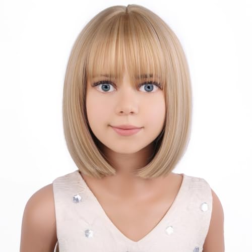 Image of PATTNIUM Kids Blonde Bob Wig Child Short Straight Mixed Blonde Wig for Girls Cosplay Party Synthetic Rose Net Daily Wear Wigs