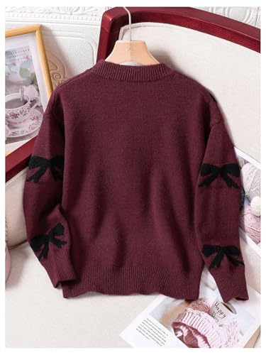 Image of RoseSeek Girl's Bow Graphic Sweaters Crewneck Long Sleeve Knit Pullover Tops Drop Shoulder Knitwear