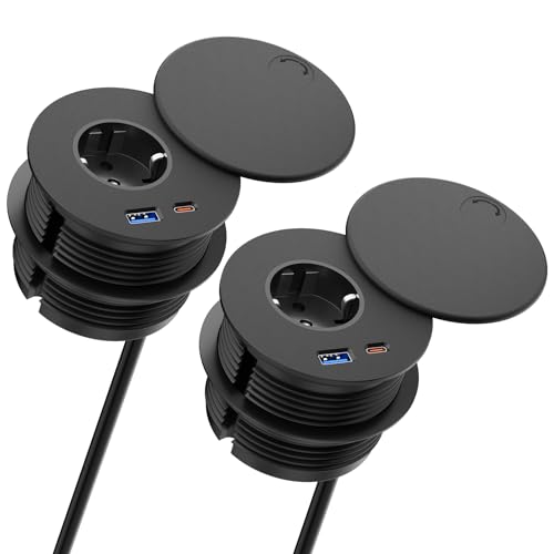 2er-Pack Einbausteckdose mit USB C PD 20W, Sewingvr Tischsteckdose mit Abdeckung ausgestattet, Versenkbare Steckdose mit USB A und C, 2m Kabel, Schwarz