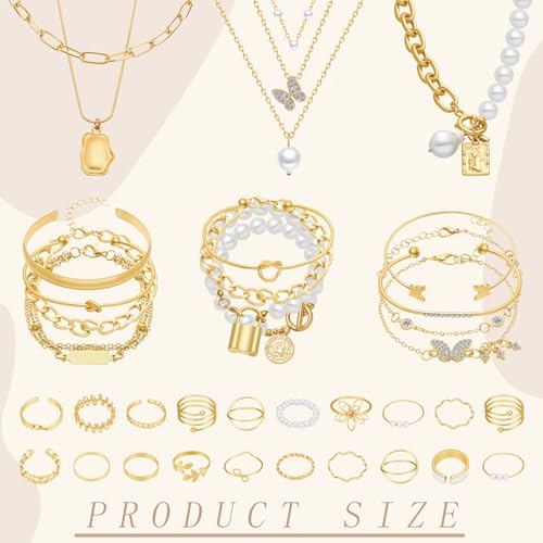Image of Remuuly 43 Pcs Christmas Gold Jewelry Gift Set for Women Girl Xmas Gift | Includes 6 Necklaces 13 Bracelets 20 Rings 4 Hair Clips, Wedding Birthday Gift, Varied Selection of Designs, Alloy Material