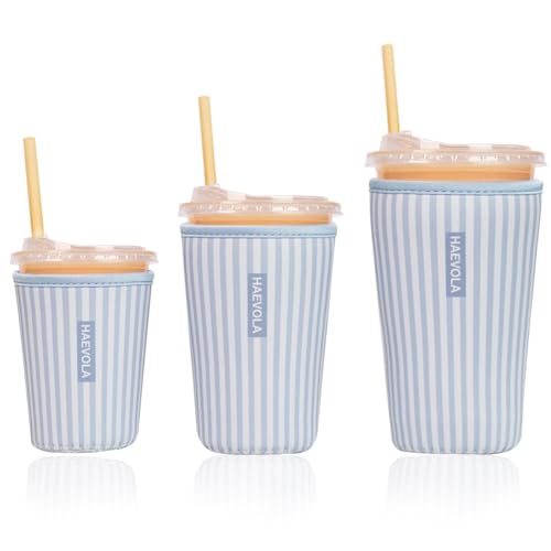 Image of Reusable Insulated Neoprene Iced Coffee Cup Sleeve, Durable Drink Sleeve for Cold Beverages, Beverage Holder for Iced Coffee, Blue Stripes