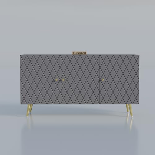 Image of Wooden Sideboard Cabinet for Living Room & Bedroom | Geometric Design Side Board Crockery Cabinet with 3 Doors Storage for Home | HDMR Premium Wood | Golden Metal Legs (Grey)