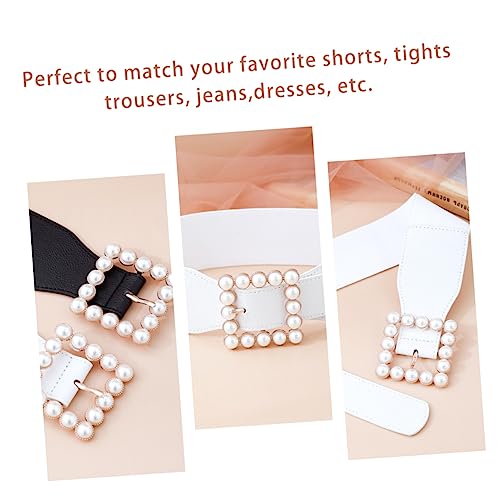 Pearl Waistband Cummerbund with Elastic Band and Fashionable Square Buckle for Women Decorative Skirt Ornament Belt in White Alloy Material Stylish Accessory for Dresses Jeans and3