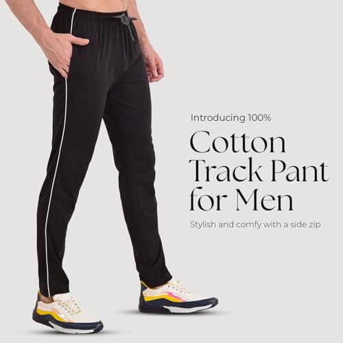 Image of Men Track Mid Rise Pant - Rich Cotton, Regular Fit with One Side Zip Solid Trackpants | Stylish and Comfortable | Sports, Gym and Casual Wear, (XL, Black)