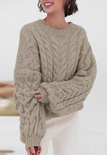 Image of PRETTYGARDEN Womens Sweaters Spring 2026 Cable Knit Long Sleeve Crewneck Oversized Sweater Chunky Pullover Loose Outfits