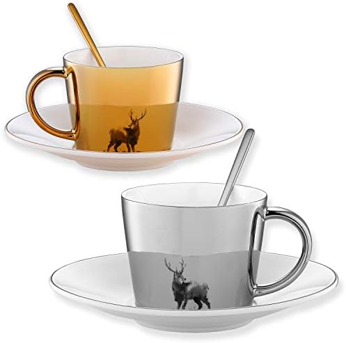 Geiomo Ceramic Espresso Cups with Saucers, 7.5 Ounce, Mirror Inverted Image Coffee Cup for Cappuccino, Latte, Cafe Mocha and Tea, Set of 2, Golden and Silver (3.3 Inch, Elk)