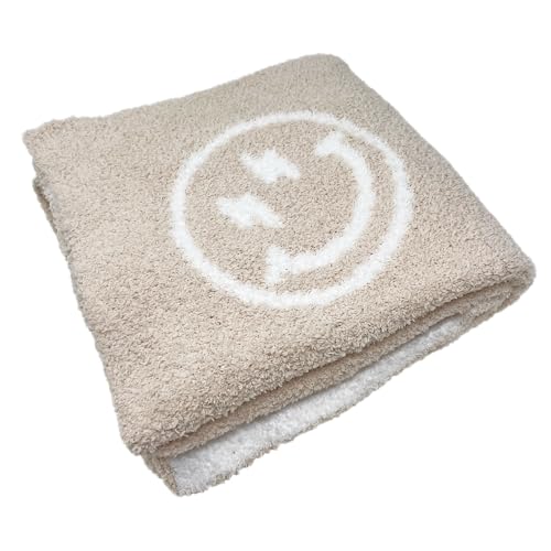 Image of L+L USA Smiley Face with Lightning Bolt Eyes Baby Blanket 28 inchx40 inch - DreamSoft Throw for Crib, Stroller or Car Seat Blanket /Newborn Nursery Gift for Toddler, Infant, Kids, Boys & Girls (Tan /White)
