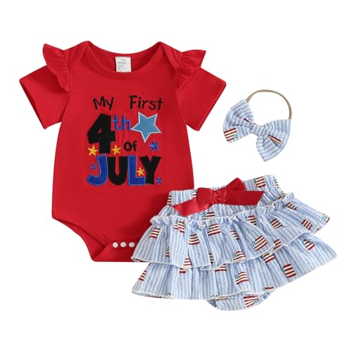 KtwHarnu My First 4th of July Baby Girl Outfit Newborn Short Sleeve Embroidery Romper Striped Ruffle Tutu Skirt Headband Set (Red, 6-12 Months)