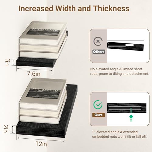 Image of 55 Inch Floating Shelves, 12 Inch Deep Floating Shelves for Wall, Extra Deeper & Thicker Wooden Wall Shelf with Invisible Brackets, Shelf for Bedroom Living Room Home Decor（Black, Set of 2）