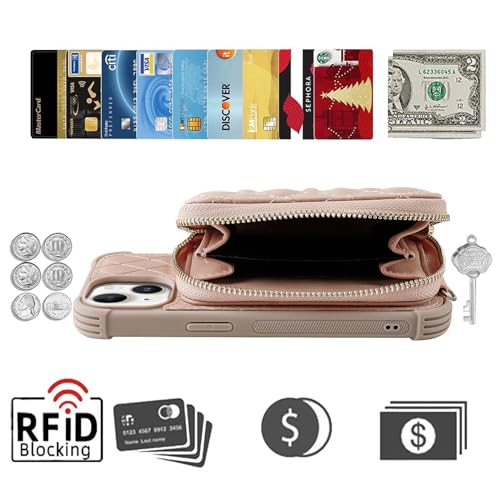 Image of MONASAY Zipper Wallet Case Compatible for iPhone 15 Plus /14 Plus,[Screen Protector][RFID Blocking] Flip Leather Handbag Phone Cover with Card Holder and Crossbody Lanyard Strap, Rosegold